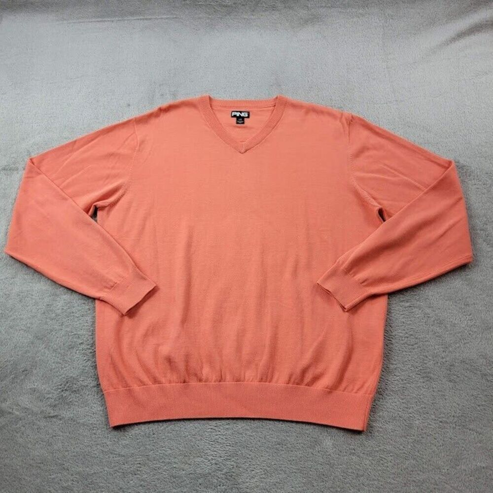 PING‎ Pullover Sweater Mens Large Orange Golf V Neck Gray Cotton Casual